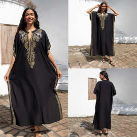 批发欧美人棉绣花沙滩罩衫宽松长袍式金线刺绣度假比基尼罩衫跨境