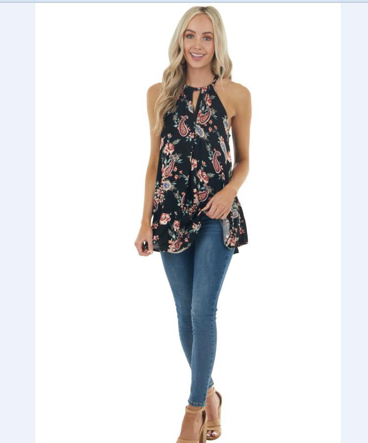 Printed Round Neck Sleeveless Slim Top NSYF63899