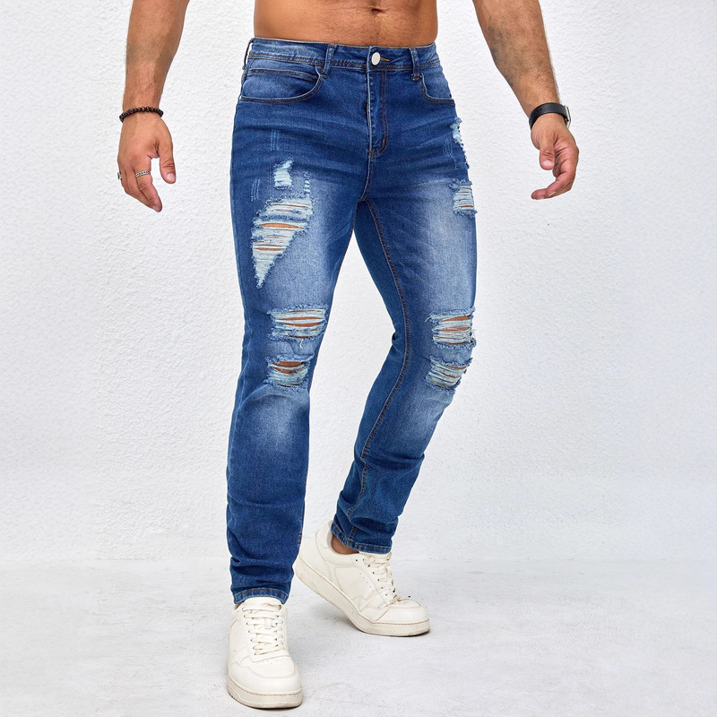 Men's Ripped Slim Fit Skinny Jeans Thin Stretch European and American Foreign Trade Cross-Border Amazon Hot Sale in Stock