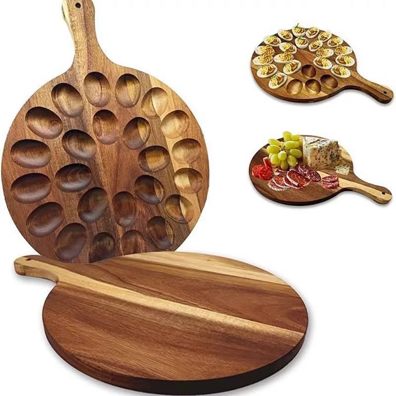 Nuevo huevo de madera dividido bandeja de almacenamiento de huevos fija redonda cocina de almacenamiento de huevos bandeja de exhibición