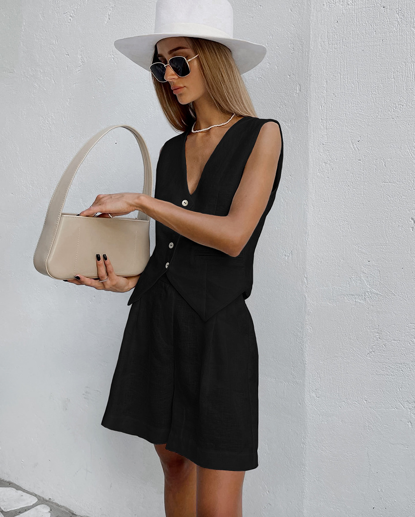 238g Weight Sleeveless Sleeve Length Cotton Fabric Type Pant Co-ord Set Sets Type 2 Pieces Set Quantity Holiday, Daily Occasion V Neck Neckline Regular Fit Fit Type Solid Color Pattern Summer Season Women's Gender Streetwear Style Holiday Daily Women's Streetwear Solid Color Cotton Pant Co-ord Set Shorts Sets 10