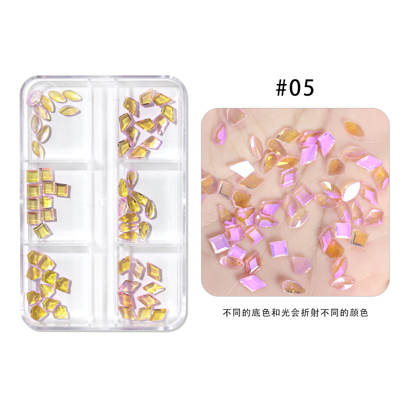 Nail Art Aurora perforación de vidrio 6 grados mezclados fondo plano perforación de forma especial de hielo color fantasma perforación de uñas al por mayor