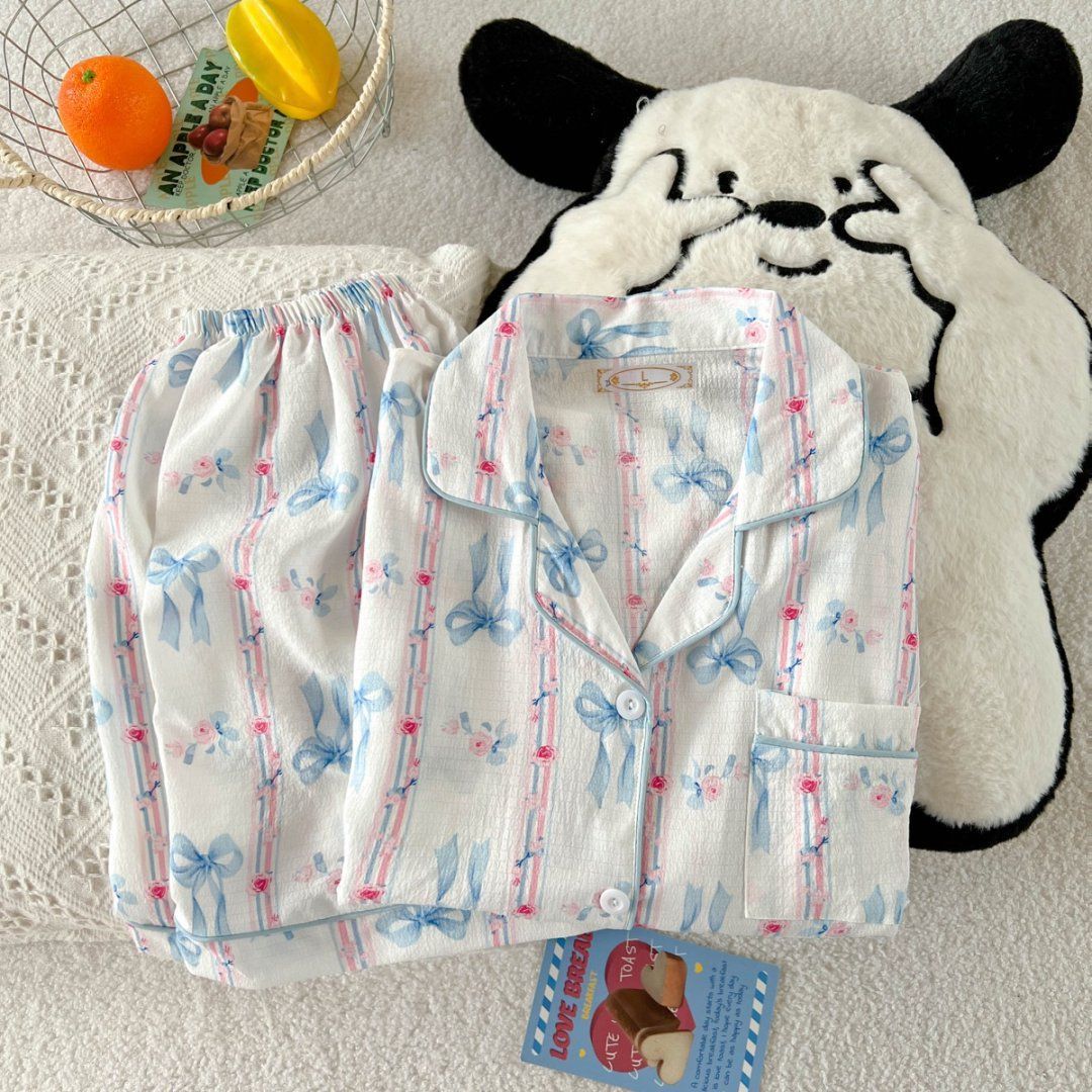 Pijamas al por mayor transfronterizos traje de verano para mujer cárdigan de solapa dulce pantalones cortos delgados de manga corta ropa de hogar de espuma para estudiantes