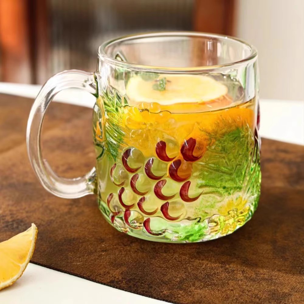 浮雕彩绘葡萄杯果汁杯家用加厚玻璃水杯 ins风轻奢带手水晶玻璃杯