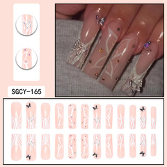 長款水管甲跨境蝴蝶穿戴甲法式甲合金蝴蝶鑽假指甲press on nails