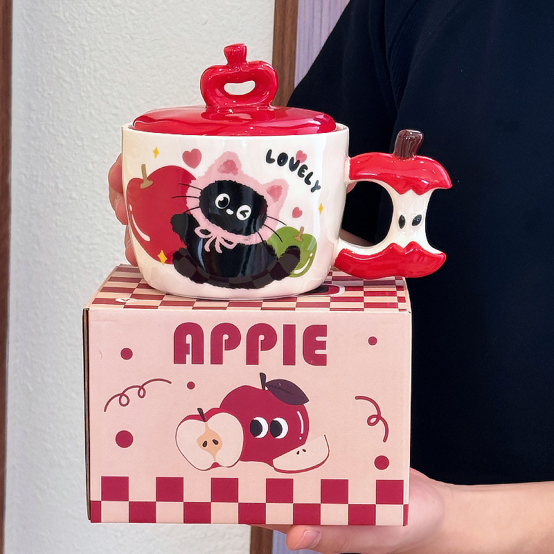 Apple Cat マグカップ 女の子用、見た目もかわいくて高温耐性、学生寮オフィスポータブルセラミックウォーターカップ|undefined