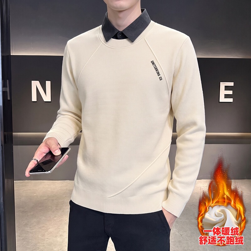 Men's faux two-piece sweater shirt with a collar, knitted sweater, autumn and winter fleece-lined thickened shirt, collared base layer Men's faux two-piece sweater shirt with a collar, knitted sweater, autumn and winter fleece-lined thickened shirt, collared base layer