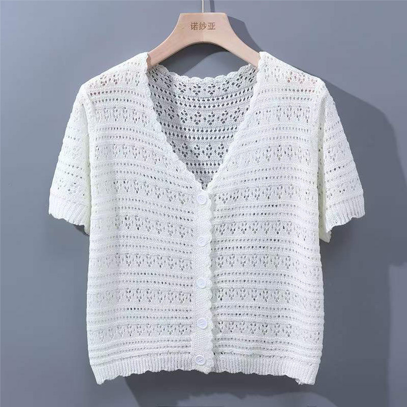 Summer Thin Hollow T-Shirt Ice Silk Cardigan Western-style Sun-proof Small Shirt Top with Design Sense Short-sleeved Knit Sweater for Women Summer Thin Hollow T-Shirt Ice Silk Cardigan Western-style Sun-proof Small Shirt Top with Design Sense Short-sleeved Knit Sweater for Women