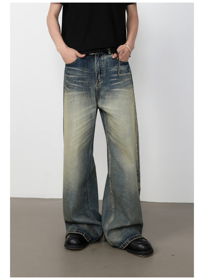 Quần jeans nam dáng rộng ống đứng phong cách retro Mỹ, giặt mài làm cũ — Màu xanh dương chi tiết 14