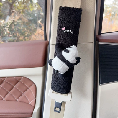 Seat belt shoulder pad, Car Seat Belt Shoulder - black-plush-shoulder-pad-lying-plush-panda