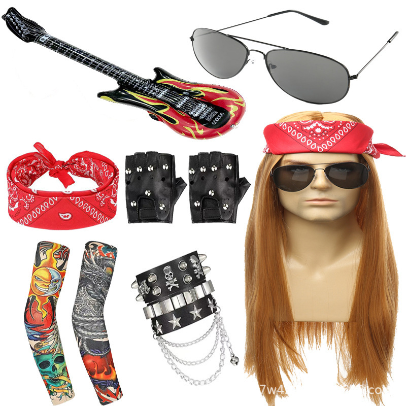 Rock Wig Heavy Metal Wig Long Straight Hair Punk Guitar Tattoo Sleeve Turban Rock Gloves Cross-Border Delivery