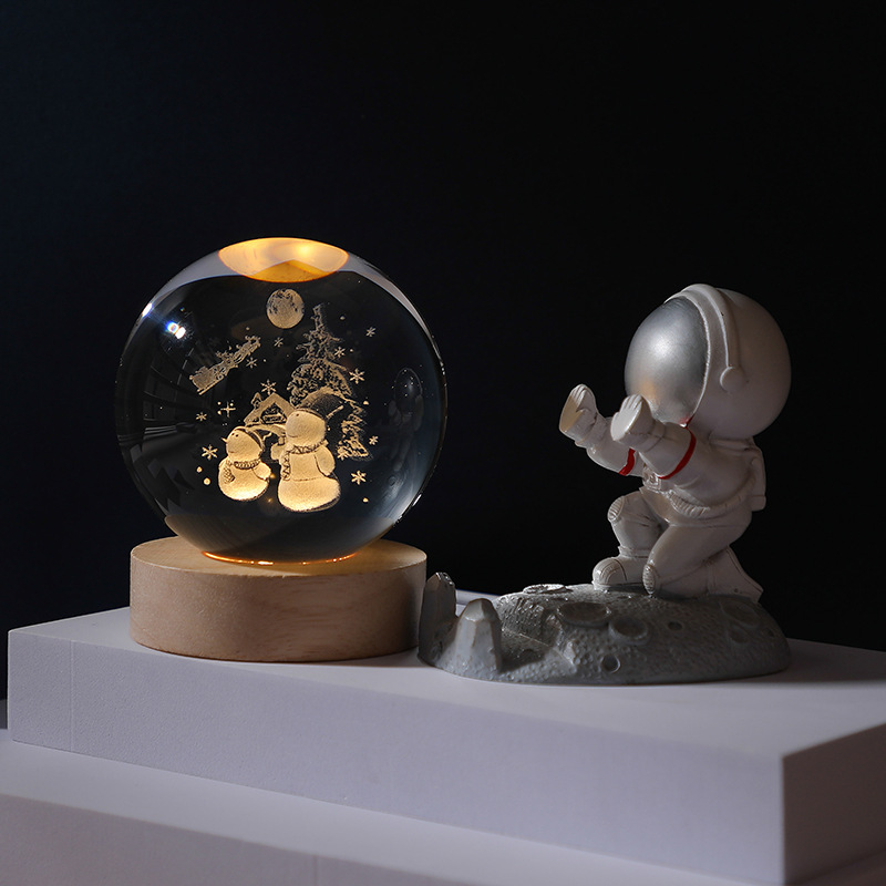 クロスボーダー発光台座3d内彫刻水晶玉銀河太陽創意デスクトップ置物ガラス水晶玉小夜灯|undefined