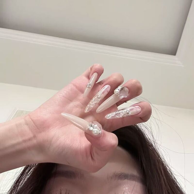 纯手工美甲穿戴甲清透爆闪贴钻高级清冷感仙女甲ins辣妹学生爆款|undefined