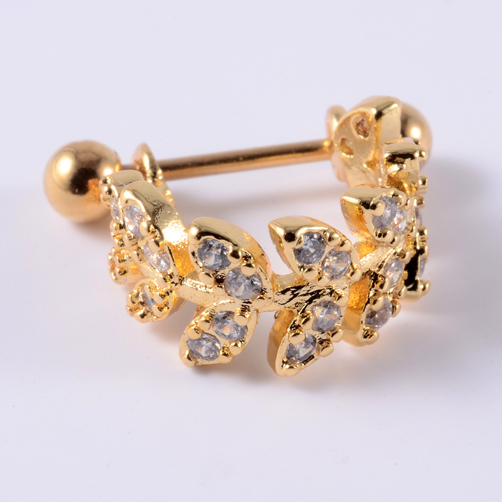 304 Stainless Steel, Copper, Zircon Material Leaves, Heart Shape Pattern 1 Piece Ear Cartilage Rings & Studs Lady Leaves Heart Shape 304 Stainless Steel Copper Zircon Inlay Zircon 18K Gold Plated