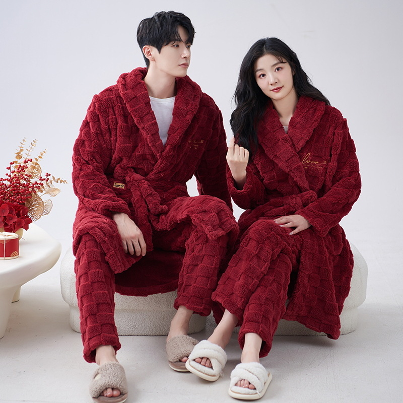 Pijamas de las mujeres de invierno de las mujeres de coral de lana forrado de lana engrosada camisón traje rojo cumpleaños año celebración ropa para el hogar invierno