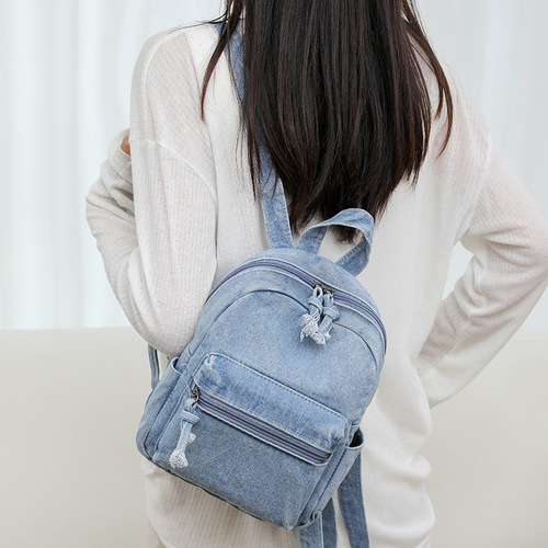 Japanese minimalist fashion dual-shoulder bag for women, retro denim fabric student backpack, travel small backpack.