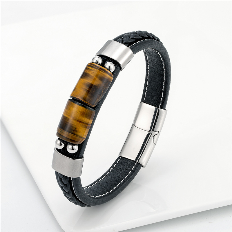 New AliExpress hot vintage jewelry double semicircle natural Tiger Eye Stone trendy stainless steel men's leather rope bracelet