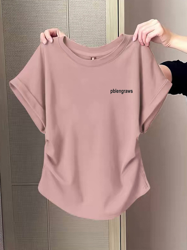 デザインされた小さなフライングスリーブ右肩ピュアコットン半袖Tシャツ女性用2025夏の新しい不規則なプリーツウエストトップ|undefined