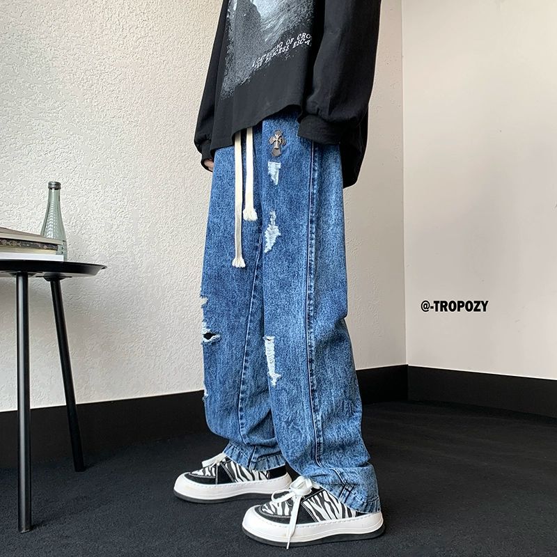 Oldschool pantalones americanos hombres Pu guapo de alto grado deshilachado lavado jeans rasgados marca de moda ins hombres de la calle