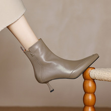 韩版气质头层牛皮高跟瘦瘦靴尖头细跟时装靴子灰色加绒中跟短靴女