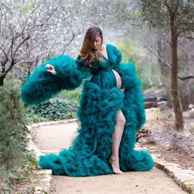 Dark Green Maternity Dress with Cape and Cape for Studio Shooting Long-Sleeved Layered Pleated A-Line Floor-Length Skirt