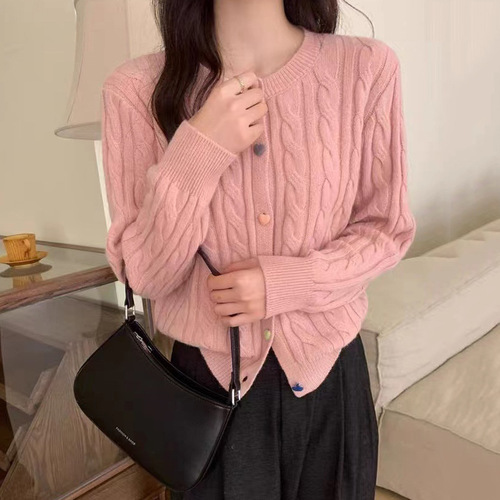 Retro soft waxy love color button twist knitted cardigan sweater for women autumn and winter design niche fashion commuting trend