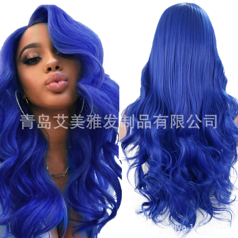 European and American new wig front lace hand hook blue high temperature silk curly hair head cover COS natural fluffy one-piece delivery European and American new wig front lace hand hook blue high temperature silk curly hair head cover COS natural fluffy one-piece delivery