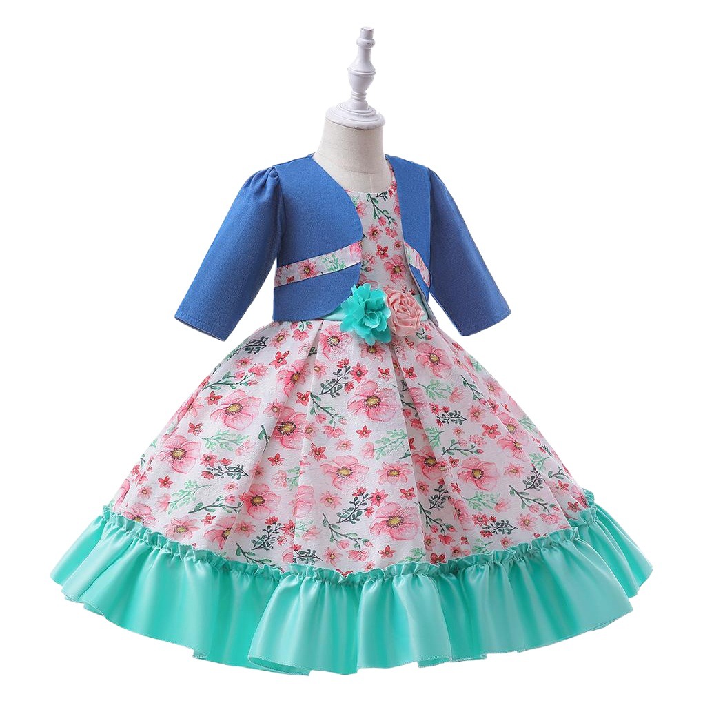 Vestido estampado de dos piezas para niñas de comercio exterior transfronterizo abrigo de manga larga fiesta de cumpleaños vestido de noche vestido de princesa