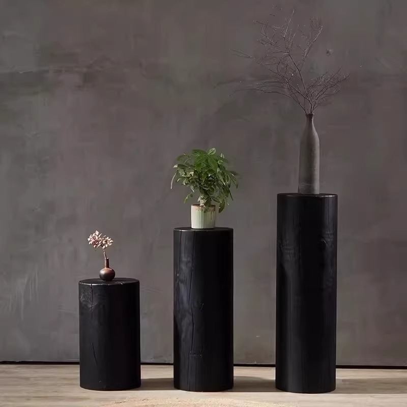 Modern Minimalist Household Black Round Solid Wood Sofa Side Table with Carbonized Wood Stump