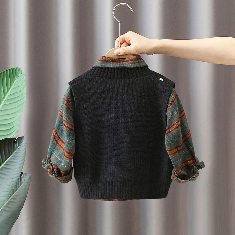 6102 traje de chaleco de punto para niños 2024 nuevo estilo para niños camisa a cuadros coreana bebé primavera y otoño traje de dos piezas