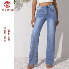 女士牛仔裤弹力时尚宽松直筒显瘦垂感浅蓝色风格长裤 WOMEN JEANS