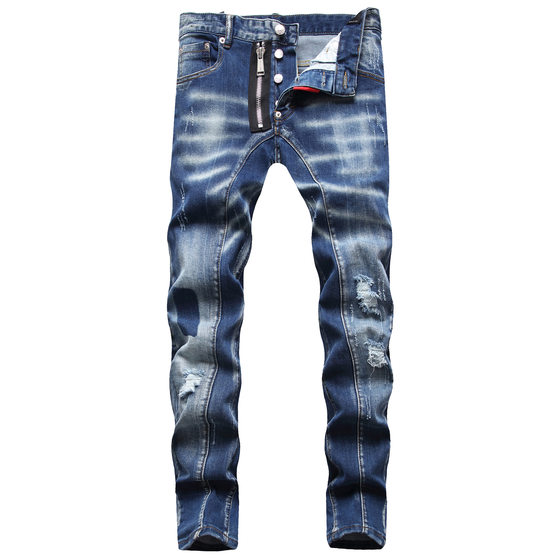 2021spring worn ripped men's jeans zipper decoration slim fit skinny trendy mid-waist pants men