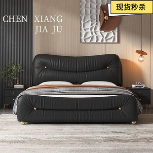Light Luxury Modern Simple Leather Bed Black Italian Multifunctional Storage Soft Bag Large Bed Master Bedroom Double Minimalist Style Bed
