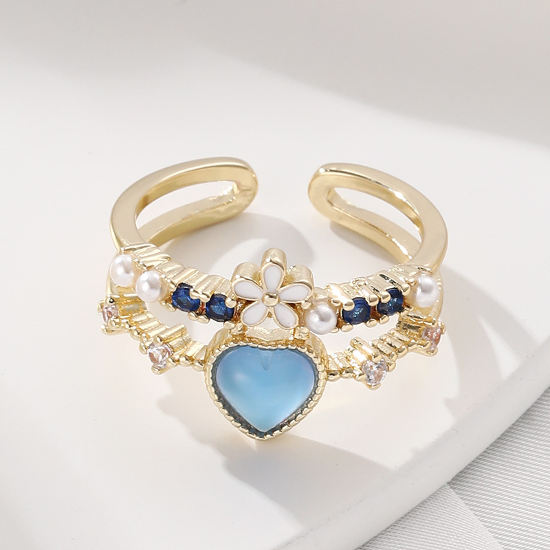 1 Piece Quantity Party Occasion Copper Material Heart Shape, Flower Pattern Fashion Heart Shape Flower Copper Enamel Plating Inlay Artificial Pearls Zircon Open Ring 1 Piece