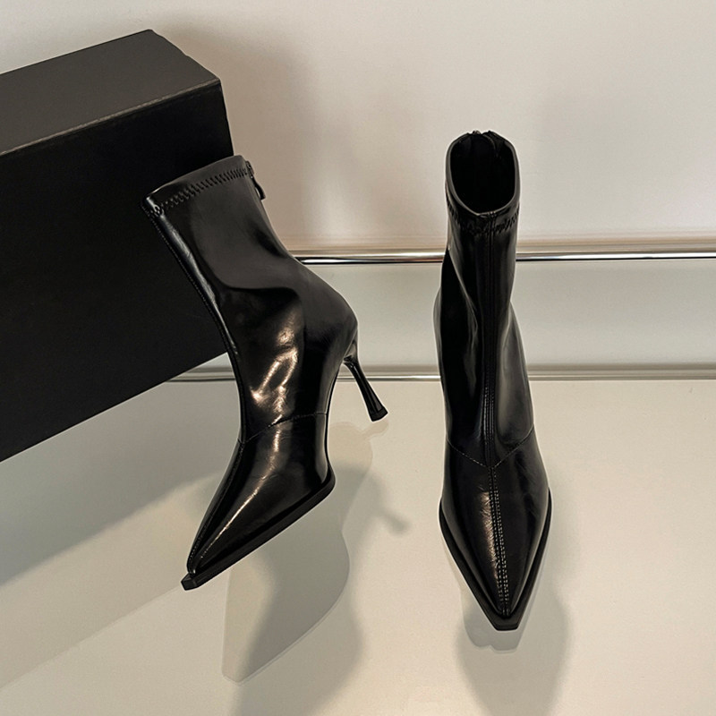 Chuyuji High-Heeled Ankle Boots 2026 Autumn/Winter New European and American Versatile Pointed Toe Ankle Boots Retro Slim Boots Thin Heel Black Chuyuji High-Heeled Ankle Boots 2026 Autumn/Winter New European and American Versatile Pointed Toe Ankle Boots Retro Slim Boots Thin Heel Black