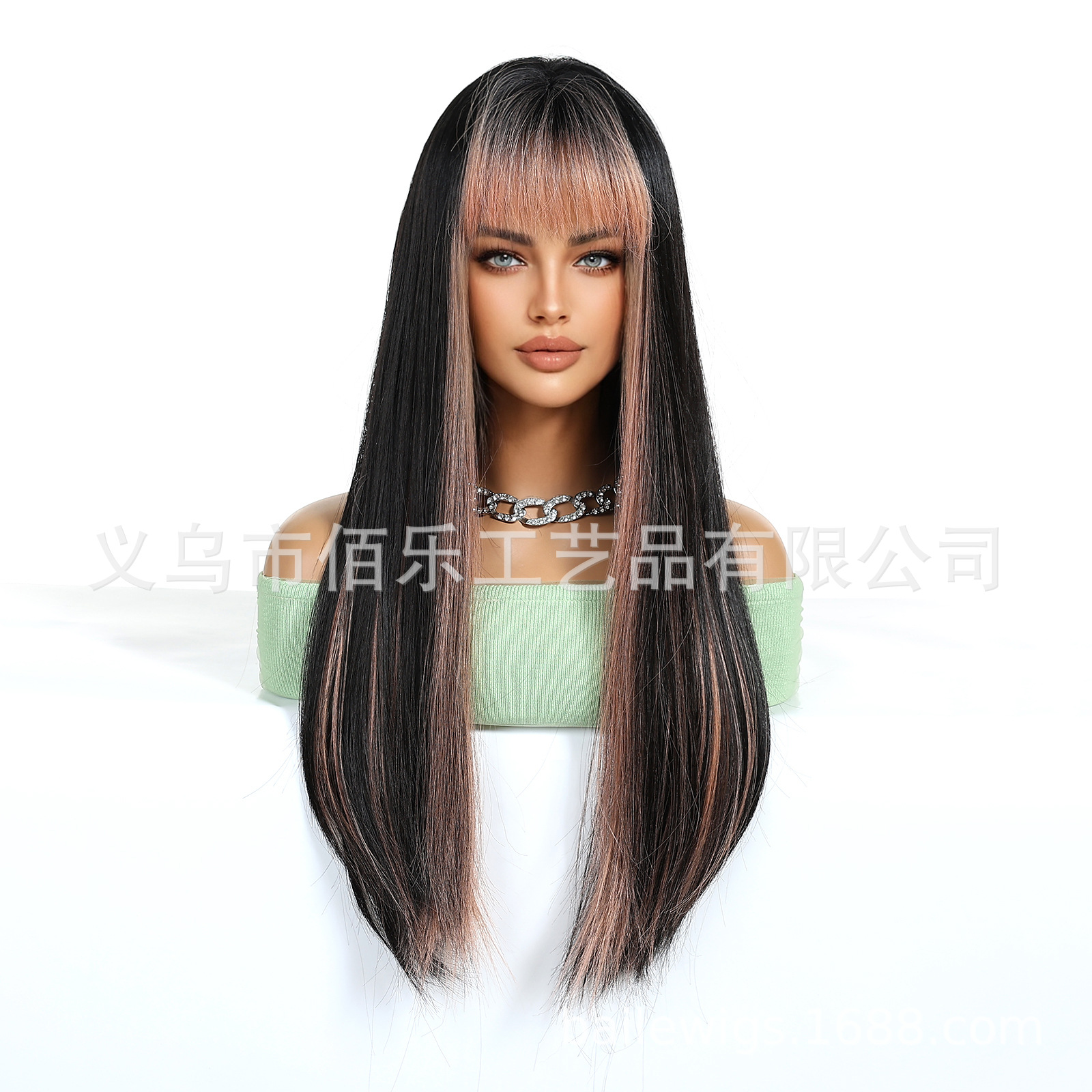 Peruca de mujer toque de cabeza elegido teñido de rosa, cabello recto largo, cabello recto adecuado para el día de fiesta cos wigs