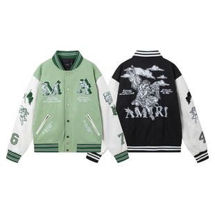 2024AMIRI Autumn and Winter New Leather Sleeve Men's and Women's Baseball Suit Cartoon Embroidered Pattern Jacket Loose Coat