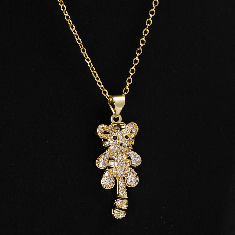 Fashion Copper Plated Real Gold Micro Inlaid Zircon Ornament Little Tiger Pendant Necklace display picture 2