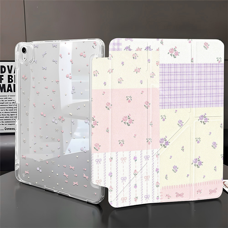 Suitable for iPad Pro 11inch Floral Patchwork Y-Fold Edge Sticker Tablet Protective Case with Pen Slot Anti-Drop Simple Design Dropshipping
