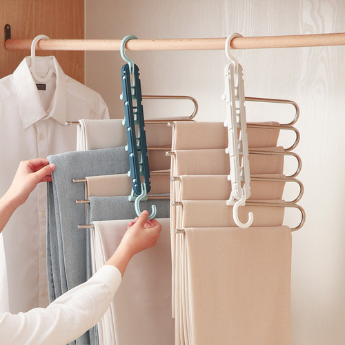 Multifunctional foldable telescopic stainless steel trouser hanger, plastic clothes hanger, foldable multi-layer metal rod trouser hanger