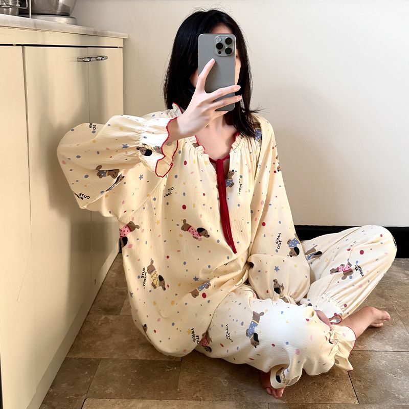 Al por mayor transfronterizo de otoño nubes de algodón cuello redondo mangas largas pantalones pijamas de mujer trajes creativos princesas estilo coreano ropa para el hogar