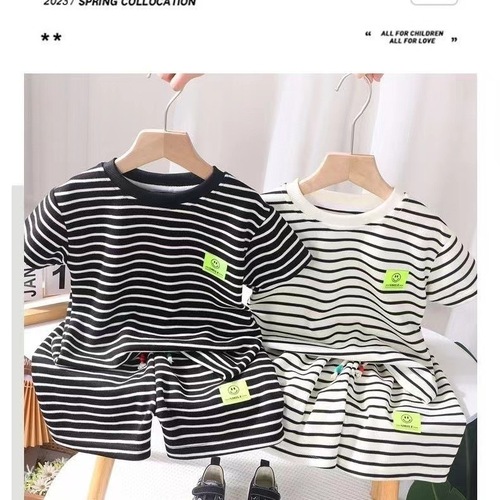 Children's short-sleeve set summer striped casual fashionable set summer trend Korean version baby home clothes
