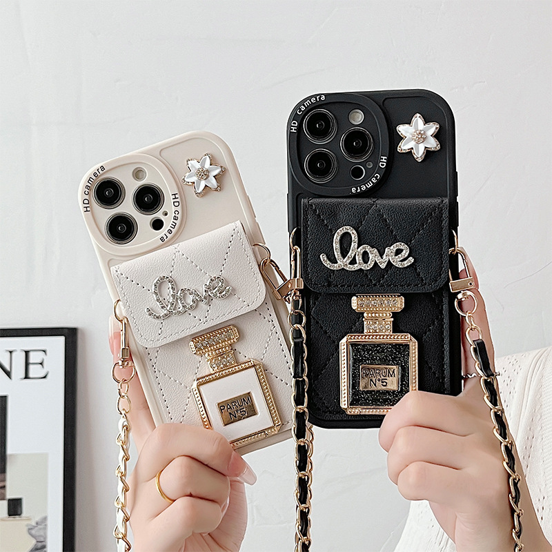 Iphone16Plus Perfume Bottle Mirror Phone Case Suitable for Apple 17Pro Crossbody Wallet Card Holder 12 Rhinestone 8