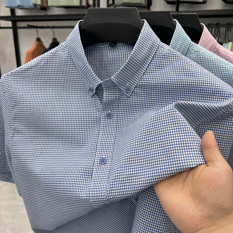 High-End Summer Pure Cotton Breathable Men's Short-Sleeved Shirts Trendy Fine Plaid Short-Sleeved No-Iron Tops Trendy