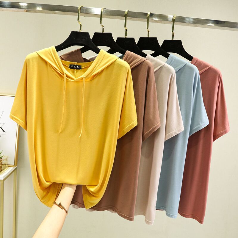 Modal Short-sleeved T-shirt Women's Spring and Summer Sunscreen Hooded Sweater Base Shirt Loose Large Size Slimming Casual Thin Top