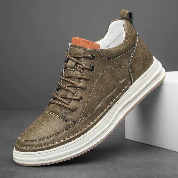 Cross-Border Spring Lace-Up Cowhide Mid-Top Sports Sneakers, Fashionable Invisible Height-Increasing Casual Shoes, Men's Casual Shoes