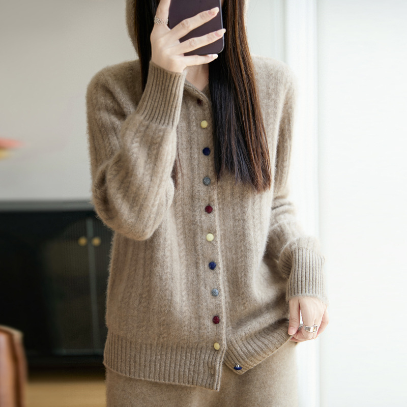 100% Pure Wool 2026 Spring New Women's Loose Hooded Thickened Cable-Knit Sweater with Colorful Buttons