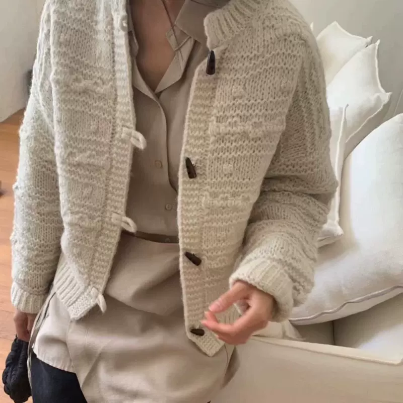 2025秋季新款韩版宽松慵懒风圆领牛角扣针织开衫女氛围感穿搭上衣