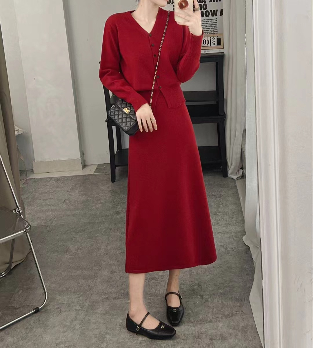 Temperamento piccolo profumo stile due pezzi donna primavera e autunno scollo a V cardigan lavorato a maglia linea A metà corpo lungo_voghion.com