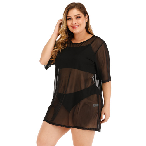 European and American Plus Size Women's Sexy See-Through Mesh Beach Dress Bikini Cover-up Dress F1420